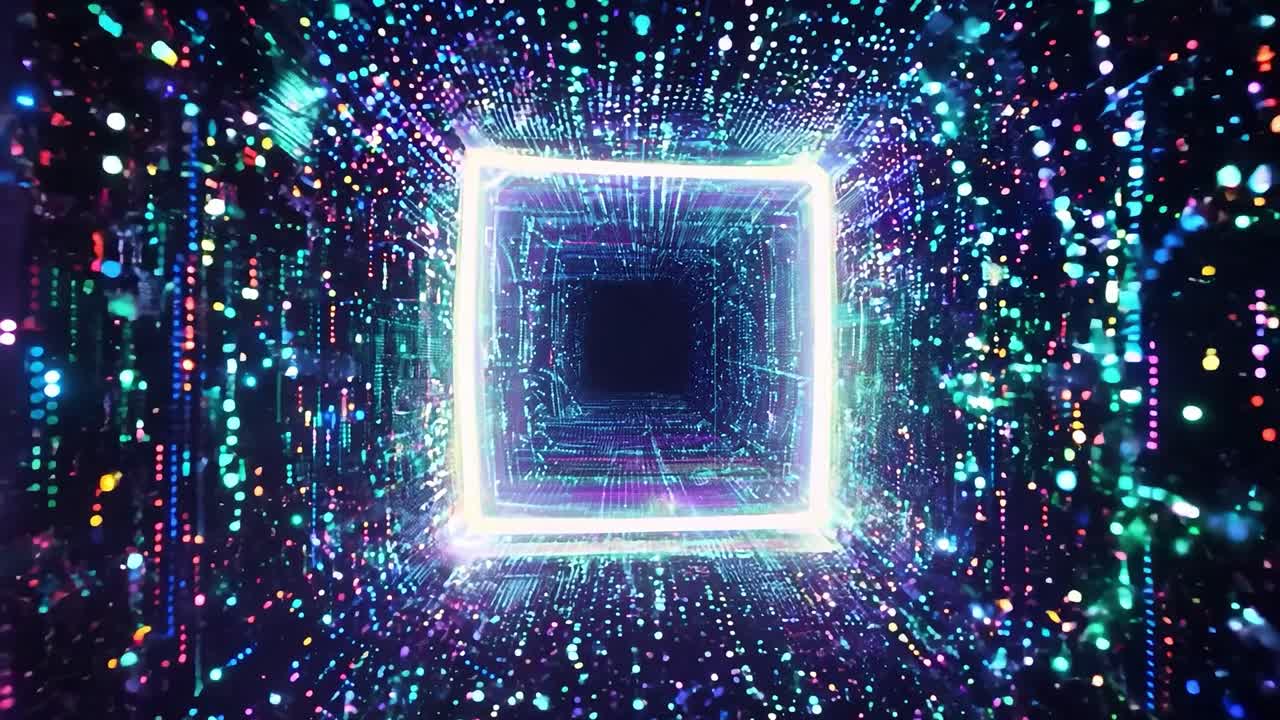 반이는 네온 사각형 터널은 디지털 네트워크를 통해 빠르게 움직이며, 활기차고 미래적인 움직임의 원활한 루프를 만니다.