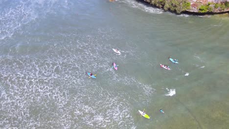 aerial drone video of people kayaking in tropical beach