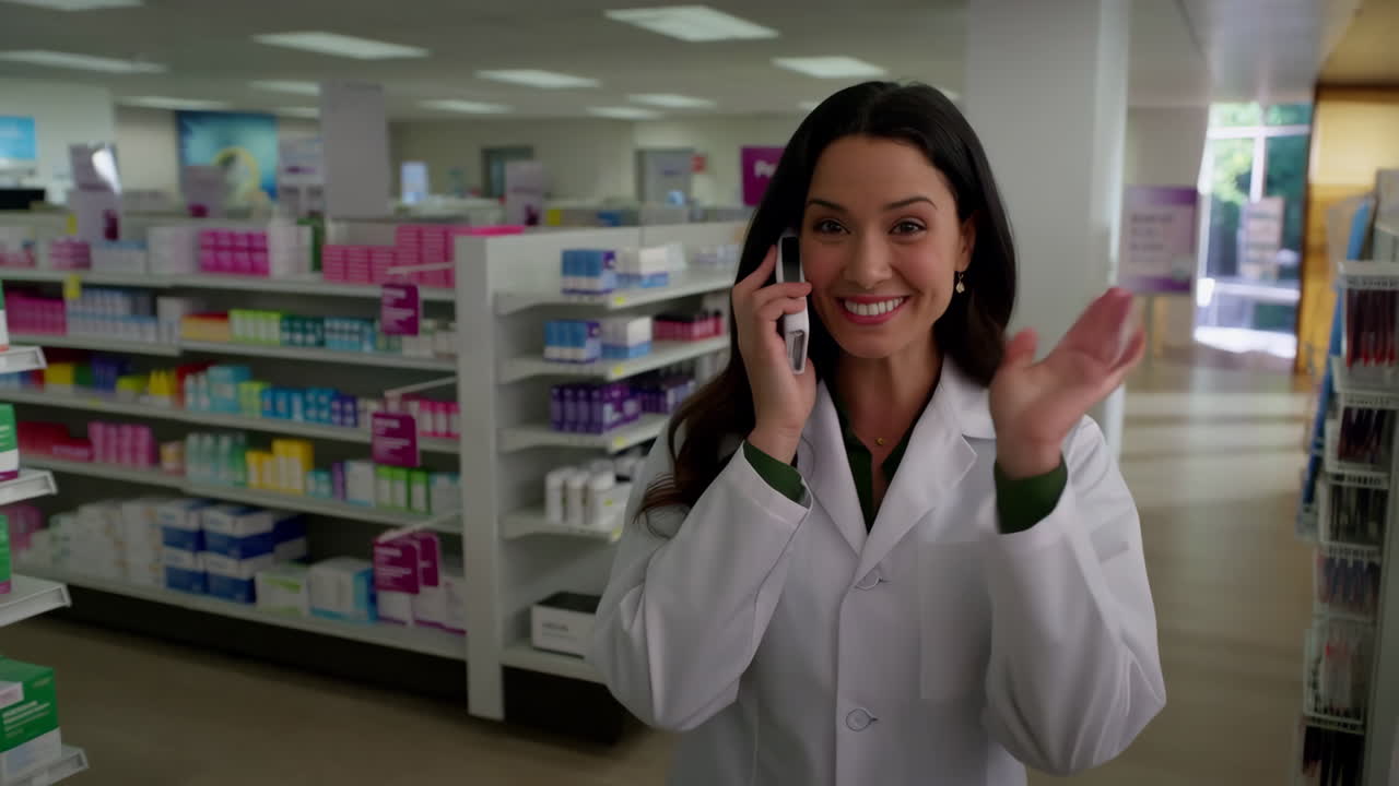 A Woman Pharmacist on a Phone Call in a Pharmacy
