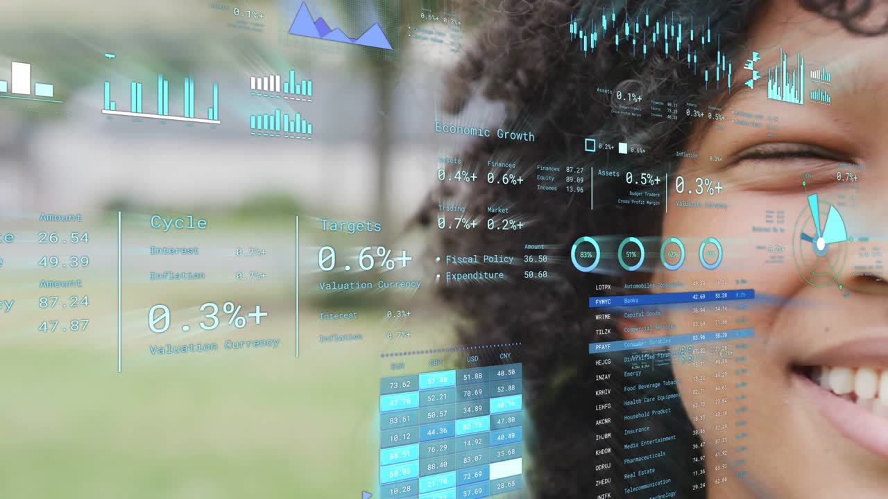 Boy standing in park, tech HUD updating and displaying real-time metrics, face widening into smile