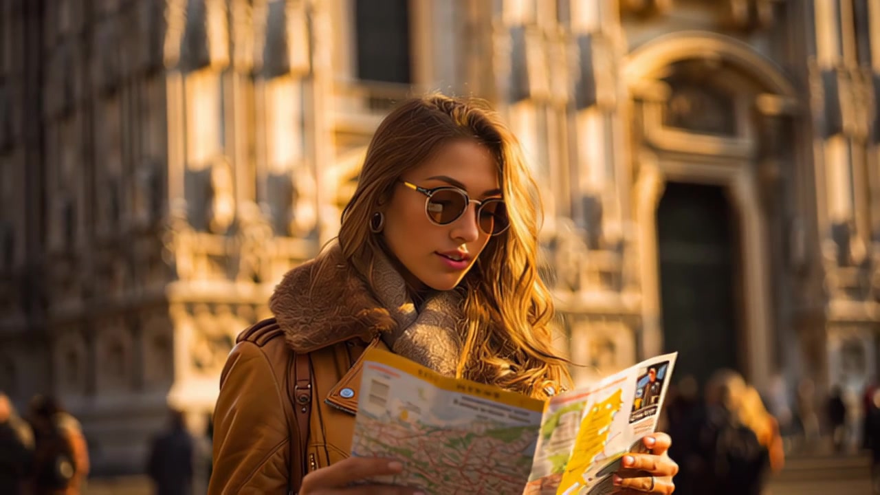 Filmato di una giovane donna elegante con occhiali da sole che legge una mappa cartacea su una trafficata strada del centro storico in una calda luce dorata, concetto di viaggio e navigazione.