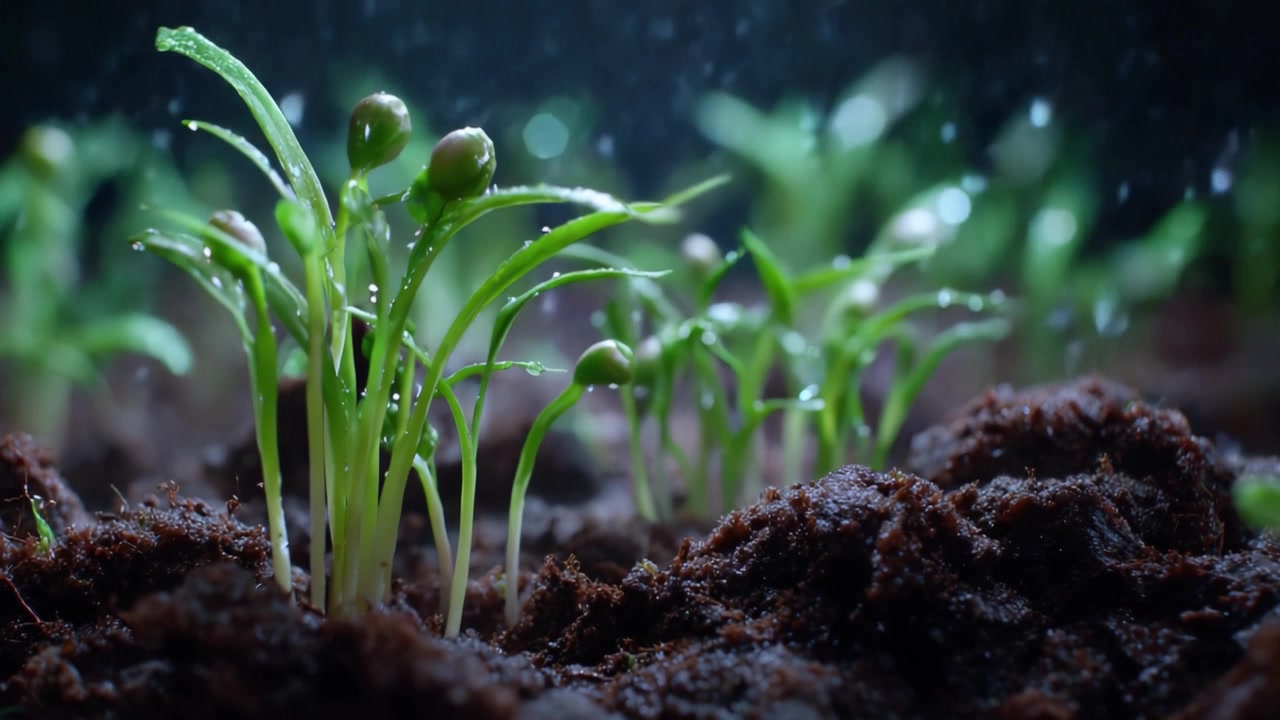 Mudas verdes exuberantes rompendo o solo rico e escuro, cercadas por gotas de água, capturando a beleza e a vitalidade do novo crescimento vegetal em um ambiente vibrante.