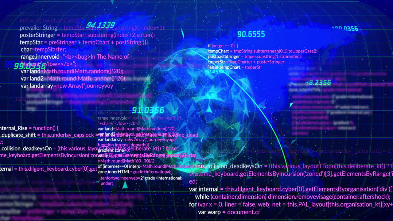 Digital globe with programming code and data processing animation over grid background