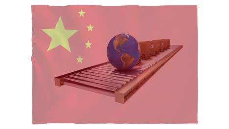 Animación-De-La-Bandera-China-Ondeando-Sobre-El-Globo-Y-Cajas-De-Cartón-En-La-Cinta-Transportadora-Sobre-Fondo-Blanco.