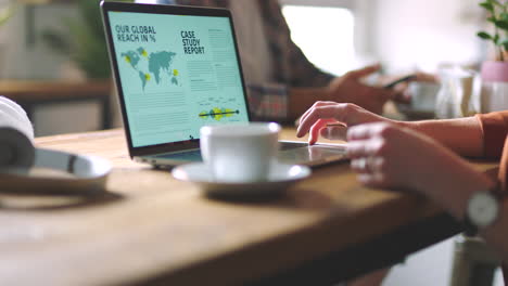 hands, laptop and coffee shop with a business