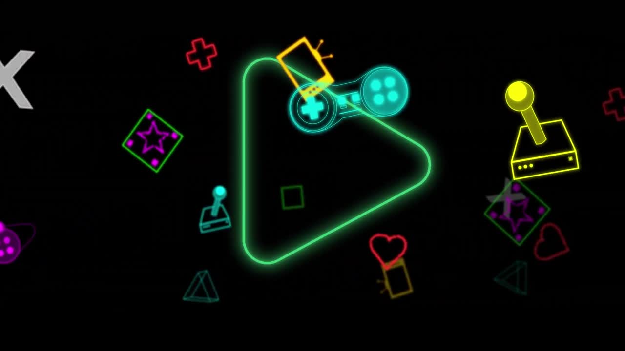 플레이 버튼 위에서  ⁇ 박이는 네온 비디오 게임 디지털 인터페이스의 애니메이션