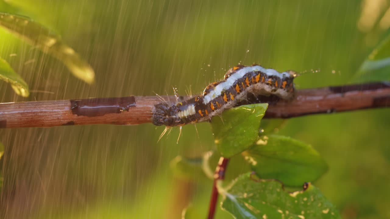 la oruga de cola amarilla (euproctis similis), oruga de cola dorada o oruga de cisne (sphrageidus similis) es una oruga de la familia de los erebídeos. la oruga se arrastra a lo largo de una rama de árbol durante la lluvia.