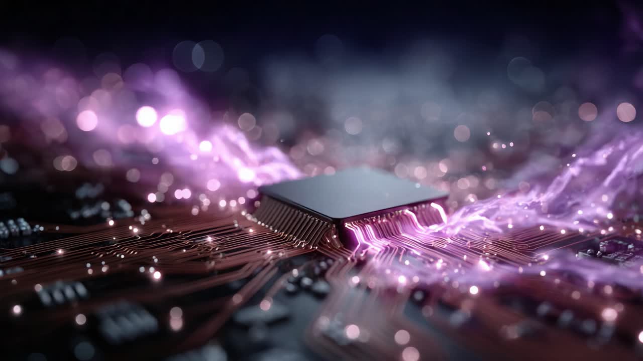 An immersive close-up of a futuristic microchip on a circuit board, showcasing luminous energy patterns and intricate connections that highlight advanced technology
