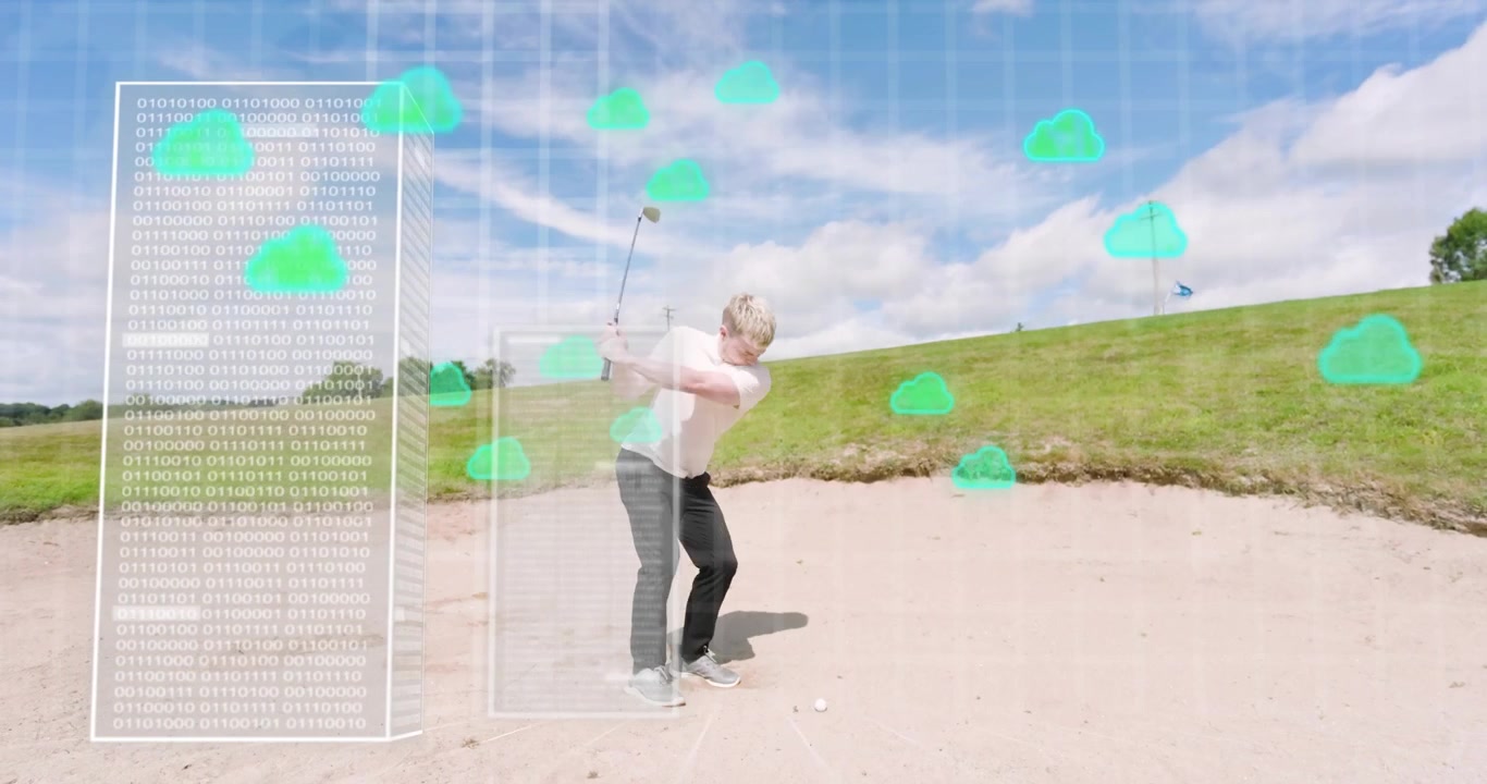 male golfer surveying ball in sand trap activating data clouds for tech analysis swinging ascending