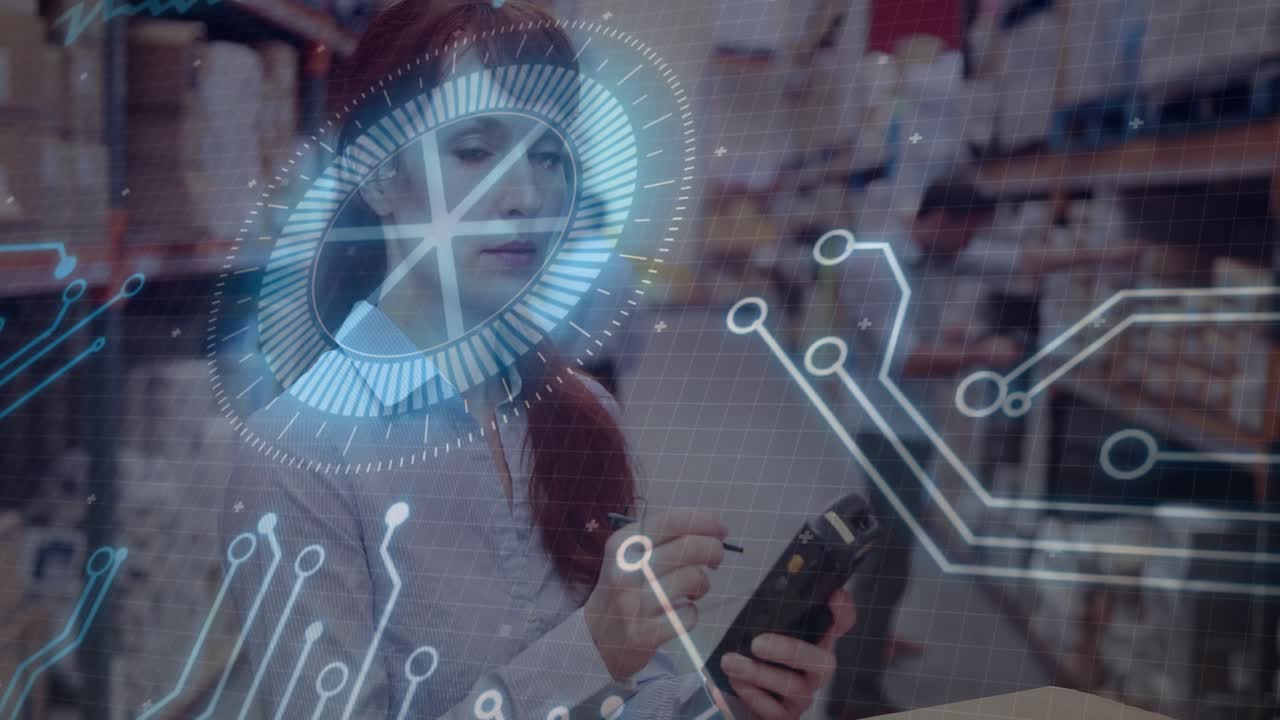 Warehouse woman tapping scanner then scanning box while transparent overlays tracking inventory