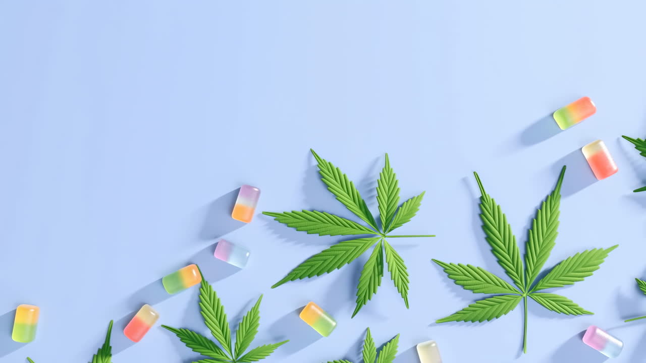 Foglie di cannabis e caramelle gommose colorate su sfondo azzurro
