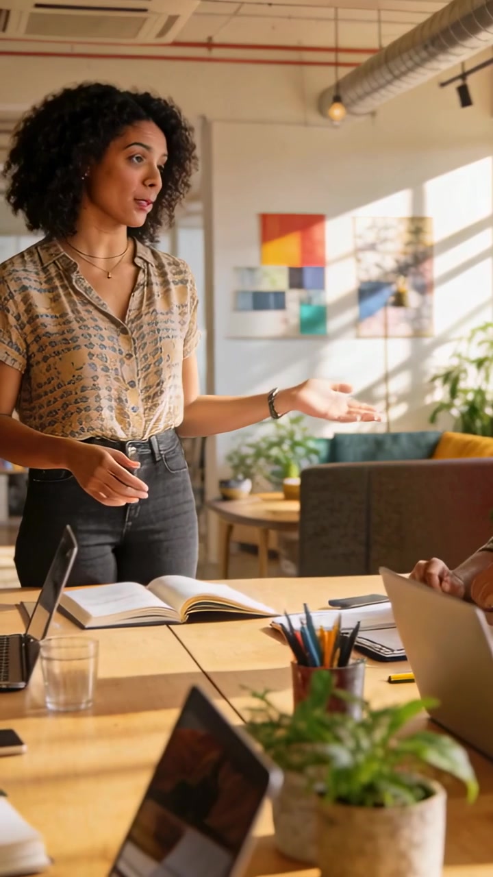 Vertical video: Standing up, woman in patterned blouse leading team at meeting table, with laptops