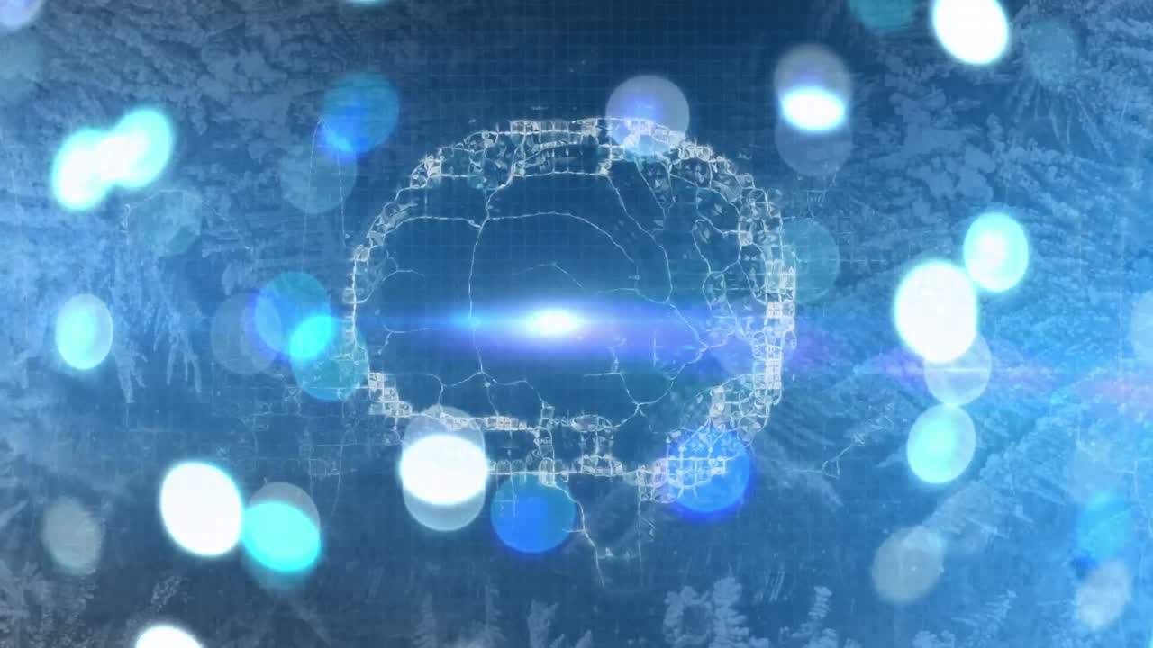 푸른 배경에 있는 밝은 점 위에 녹색 모양과 디지털 뇌의 애니메이션.