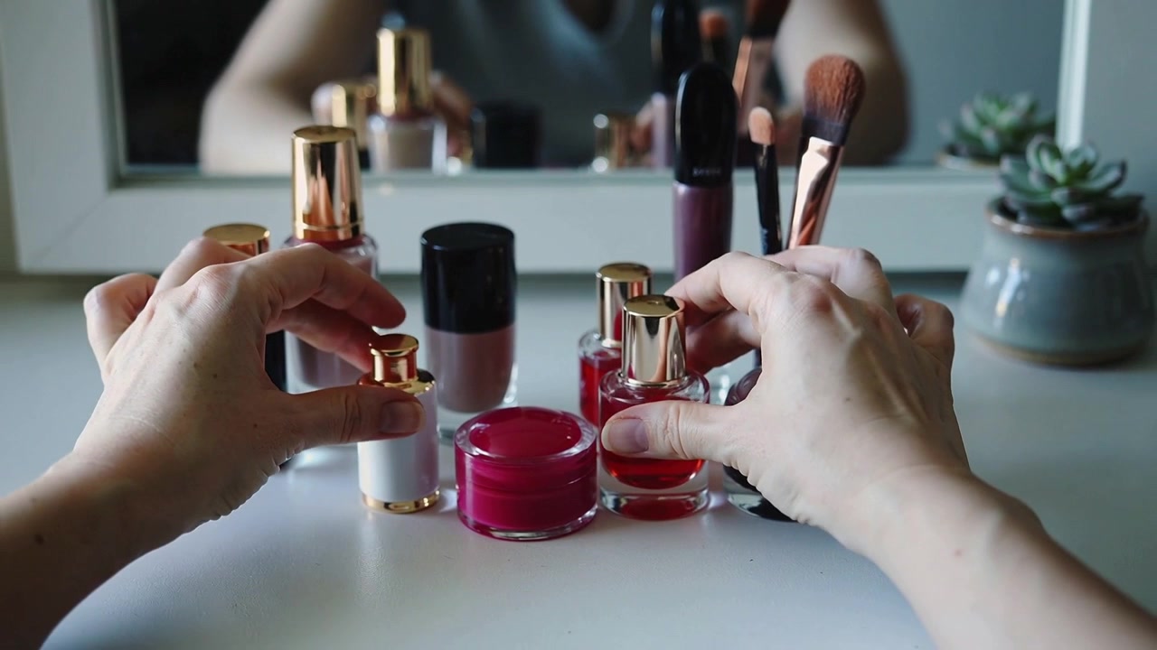 Entering hands arranging red perfume, pink jar on vanity for neat display, reflected sleeveless top