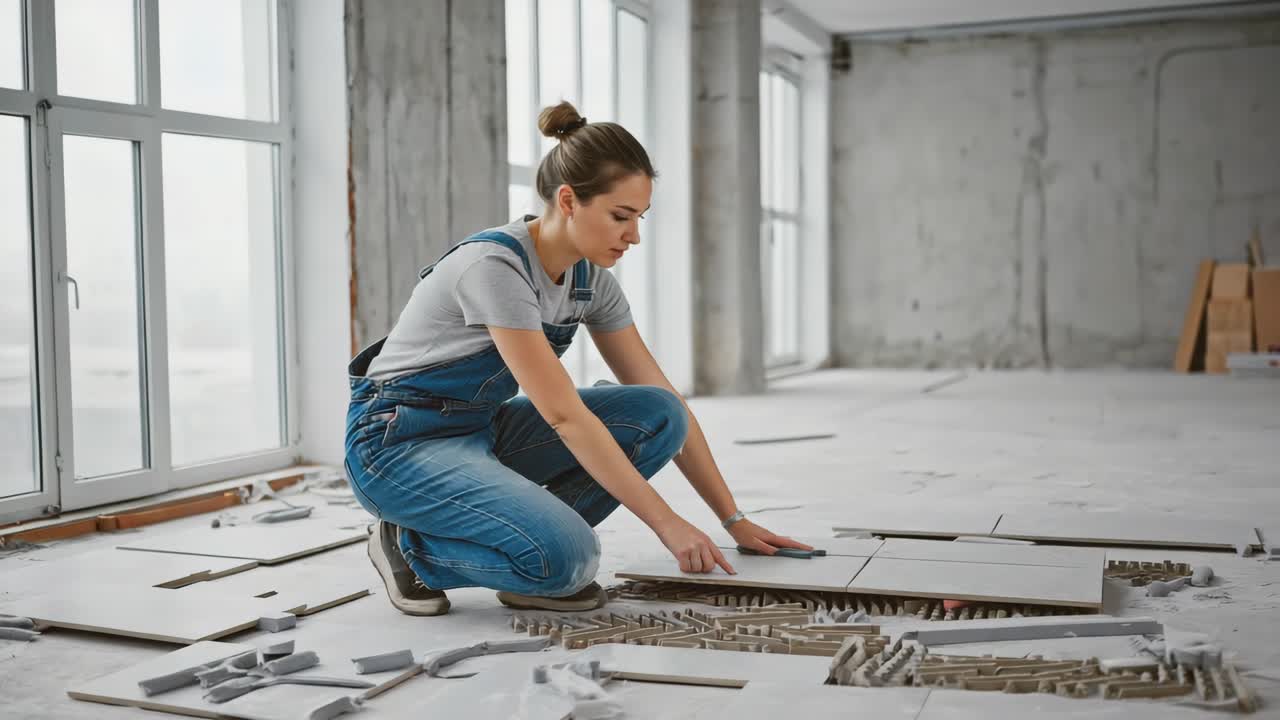 Woman Tiling Floor During Home Renovation