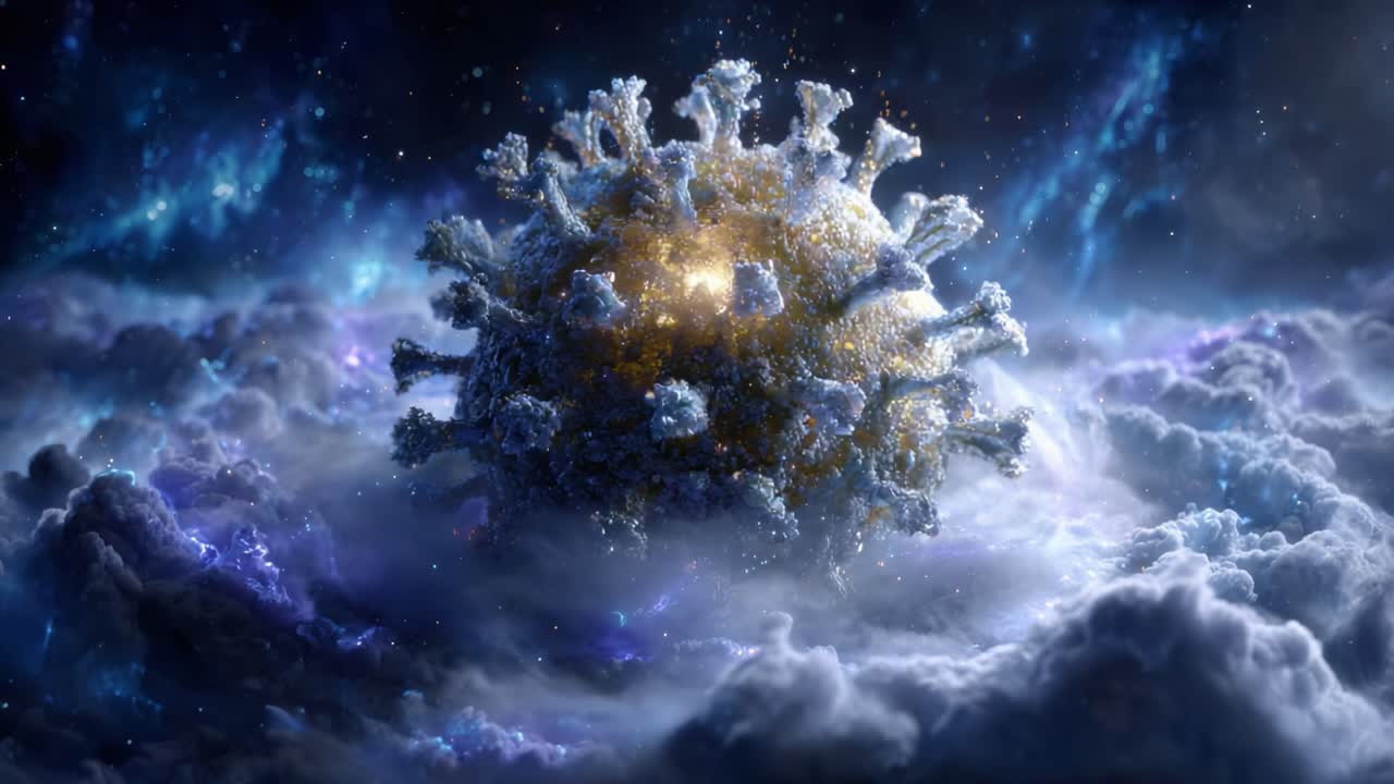 A Stunning Visualization of a Virus Surrounded by Cosmic Clouds, Highlighting the Intricacies of Its Structure Against a Mystical Galactic Background