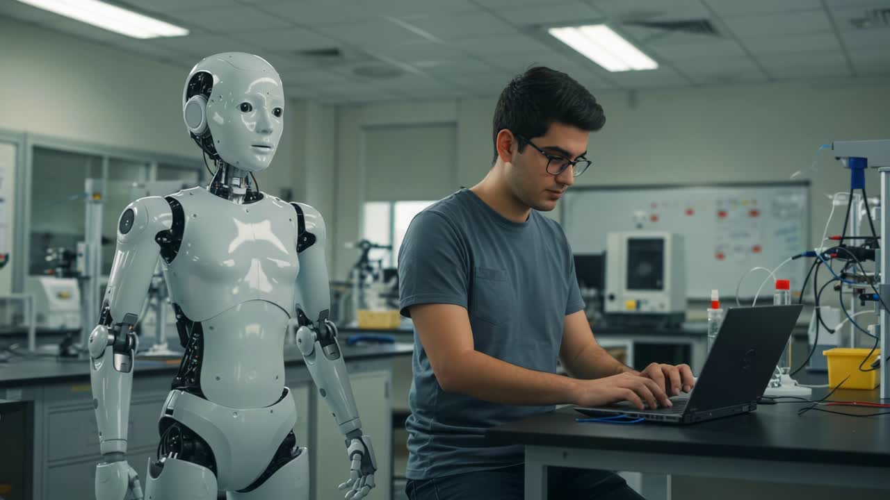 A Human and Robot Collaborate in a Modern Laboratory Setting, Showcasing the Interaction Between Technology and Human Intelligence in Innovative Research