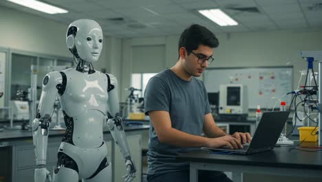 a human and robot collaborate in a modern laboratory setting, showcasing the interaction between technology and human intelligence in innovative research
