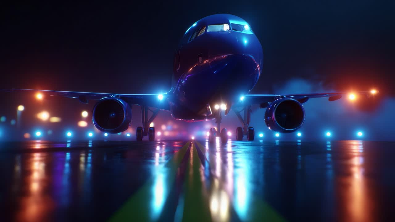 A striking perspective of a modern airplane illuminated by vibrant lights on a wet runway at night, showcasing its sleek design and advanced technology as it prepares for takeoff amidst a dramatic scene