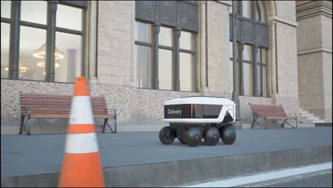 automated delivery robot service driving on urban street. modern smart wireless robot delivers goods or food to a customer. new technological iot business industry of delivery logistic of online shop