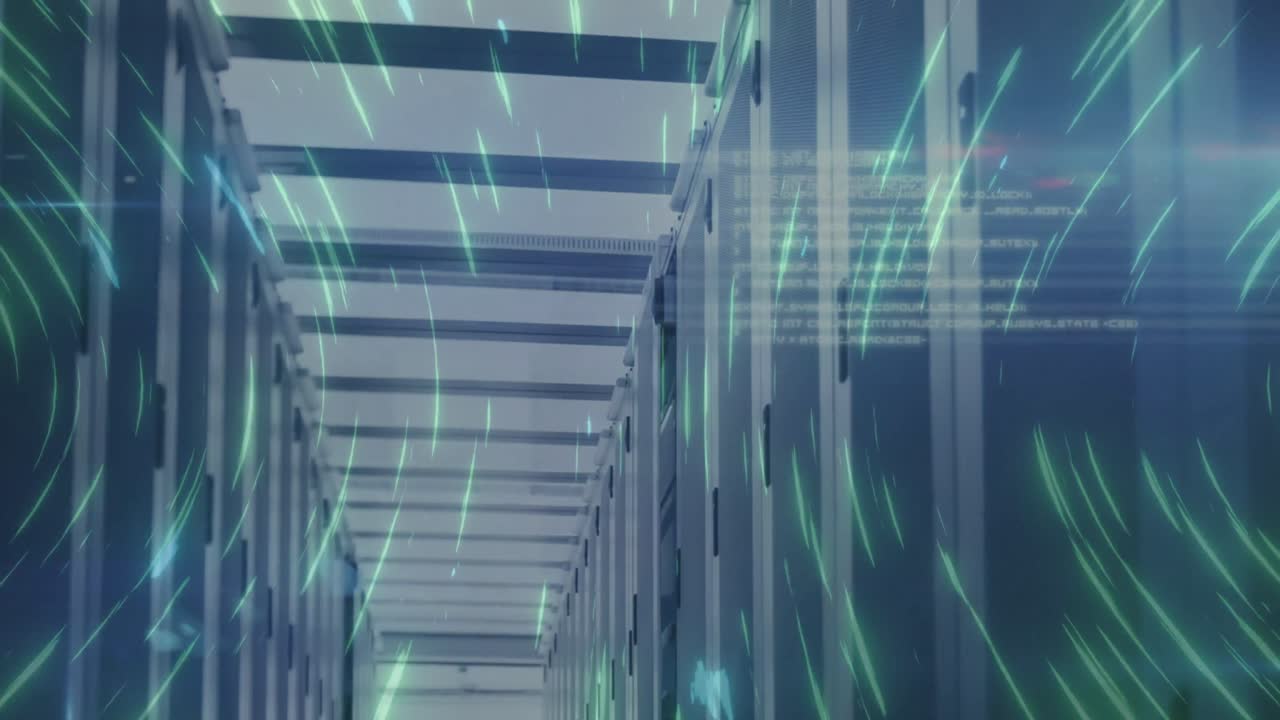 Light trails moving in circular motion against server room