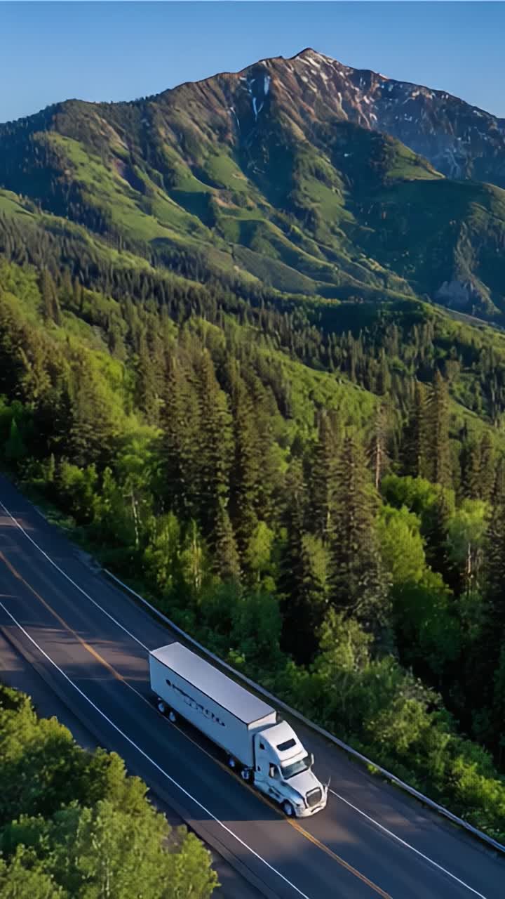 Un camion maestoso si fa strada attraverso un paesaggio montano pittoresco, incorniciato da una vegetazione lussureggiante e vette imponenti, catturando l'essenza dell'avventura su strada.