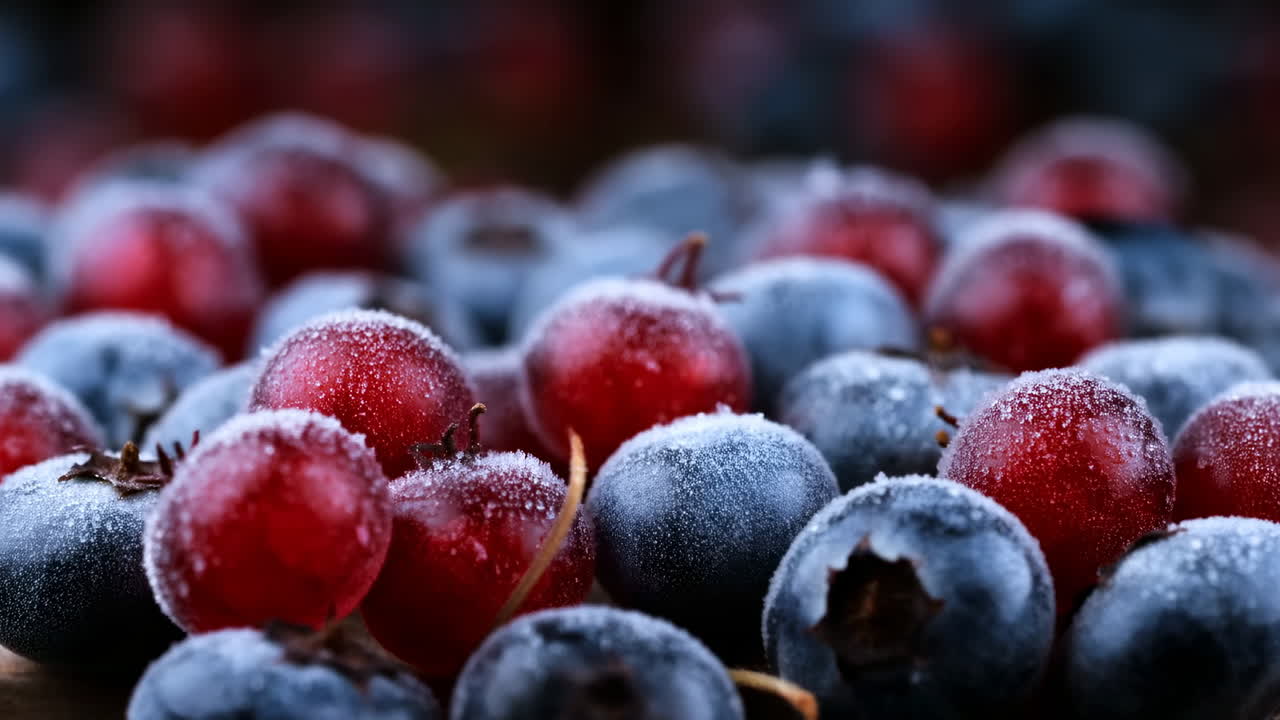 Nahaufnahme: Gefrorene Blaubeeren und Preiselbeeren, mit Reif bedeckt.