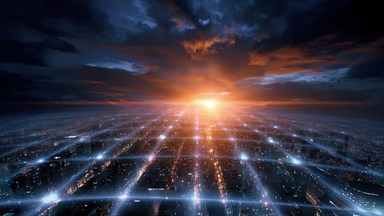 Breathtaking Cityscape at Sunset: Majestic Views of Urban Skyline with Glowing Lights and Vibrant Colors as Day Turns to Night Over the Metropolitan Landscape
