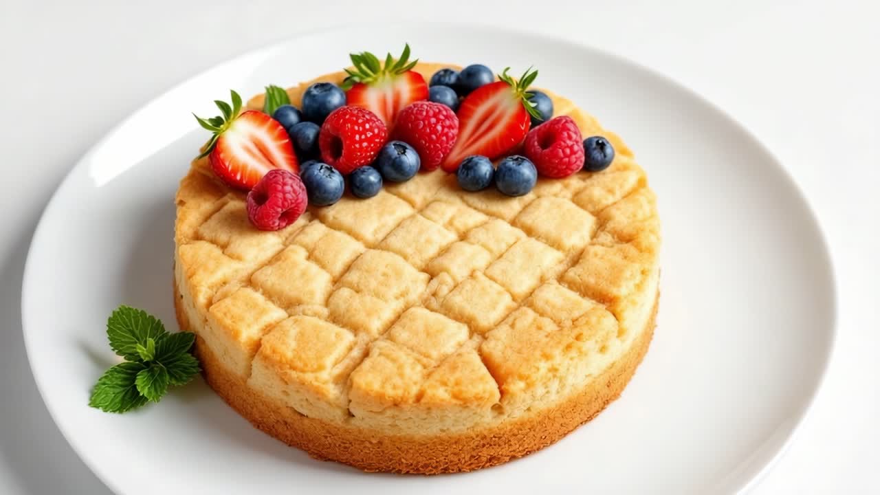 Round cake with a golden crust is beautifully topped with fresh strawberries, blueberries, and raspberries, placed on a white plate, showcasing vibrant colors and inviting presentation