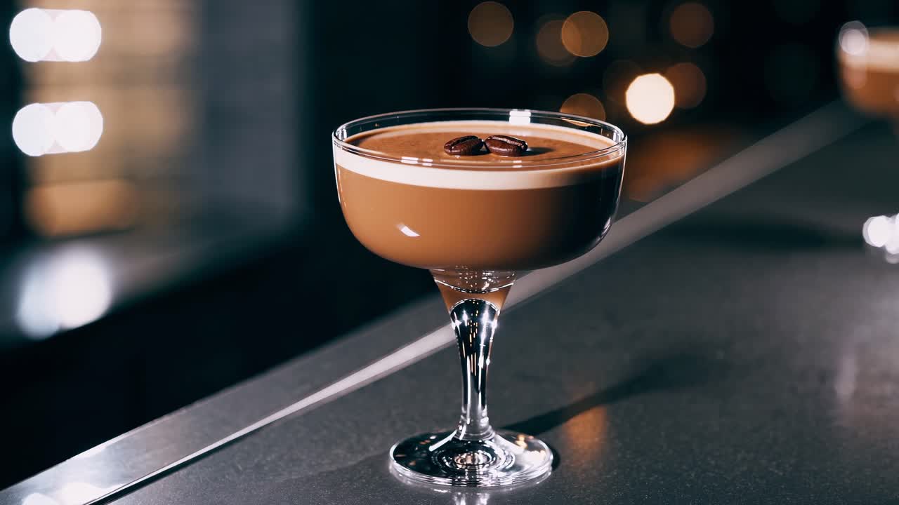 Elegant espresso martini cocktail garnished with coffee beans sits on a sleek bar counter, illuminated by soft, out of focus background lights, creating a sophisticated and inviting atmosphere