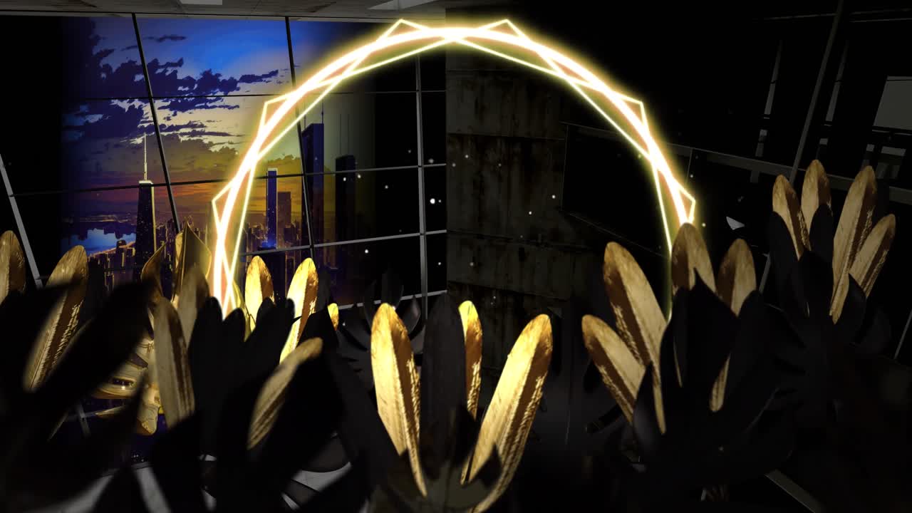 도시 풍경 위에 빛나는 패턴과 금색 잎의 애니메이션