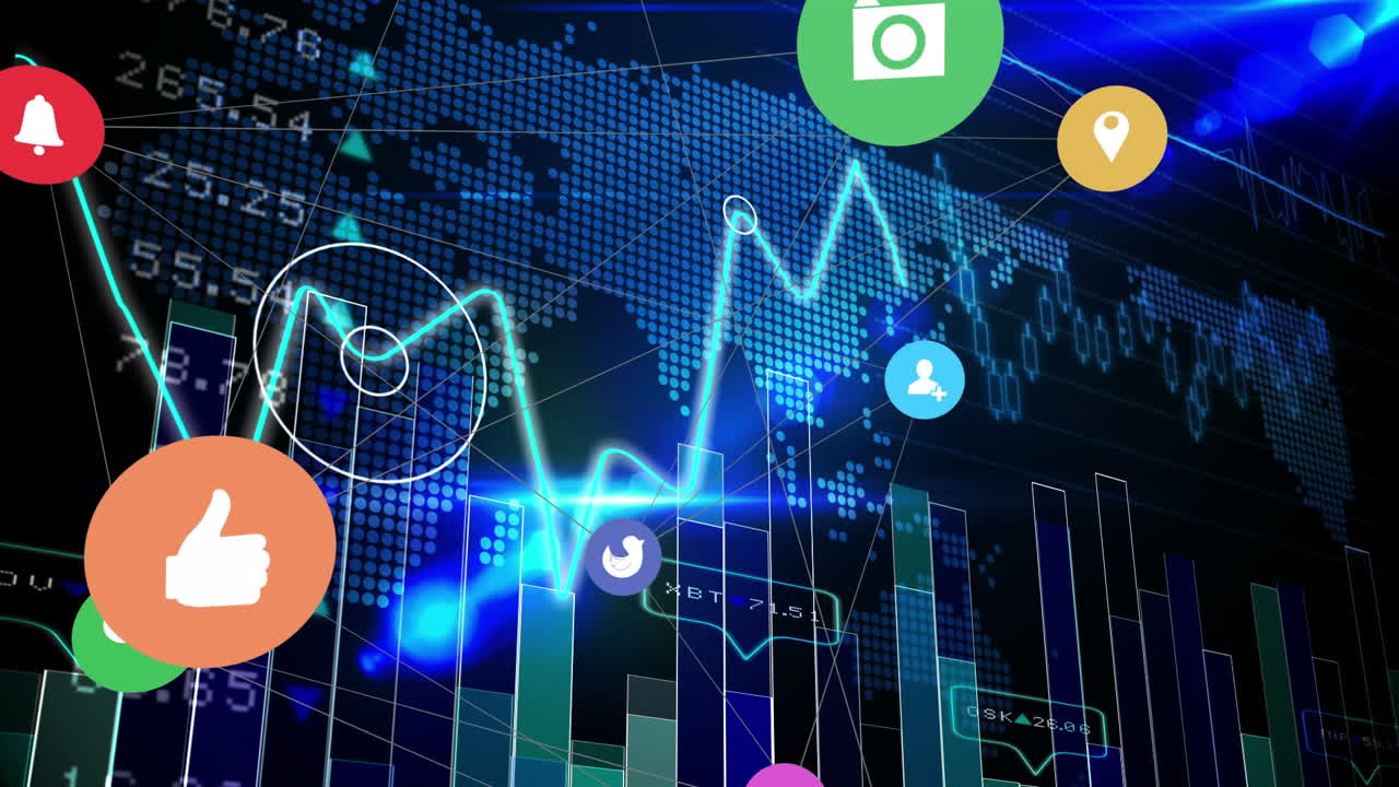 animación del procesamiento de datos financieros con iconos y un mapa del mundo sobre fondo negro