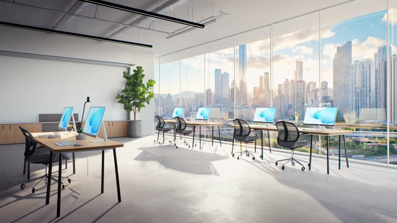 Modern office with city view, shot from a high angle, perfect for a corporate video