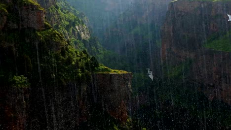 stunning aerial view of a bird flying through a rain-soaked canyon