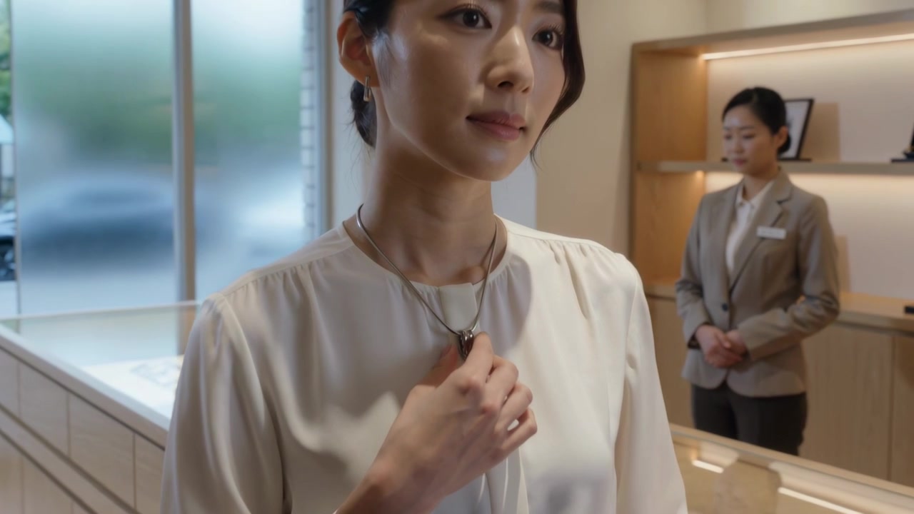 유리 카운터에서 크림색 블라우스에 레이어드 펜던트를 착용해보고 어울리는지 확인하는 아시아 여성.