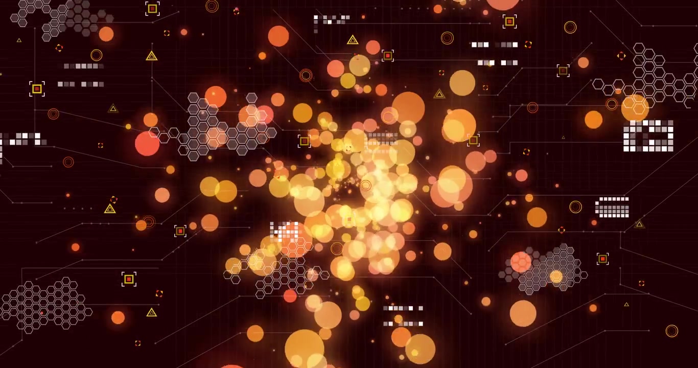 Glow cluster appearing at center expanding activating hex nodes and pulsing targets for data flow