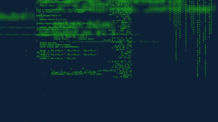 Animation of data processing and red specks over black background
