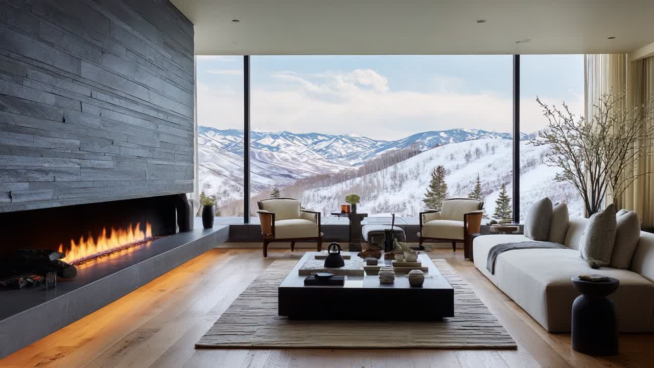 Modern living room with a stunning view of snow-covered mountains and serene landscape, featuring cozy furniture and a stylish fireplace, creating a perfect blend of comfort and nature's beauty