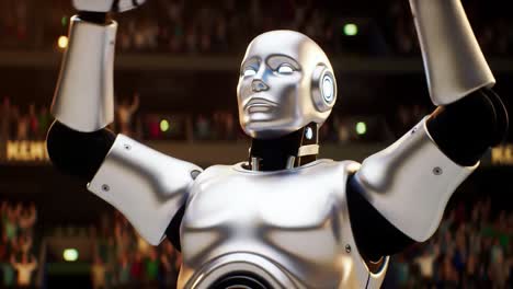 a silver robot captivating an enthusiastic crowd with fluid movements in a dynamic setting, showcasing the intersection of technology and entertainment