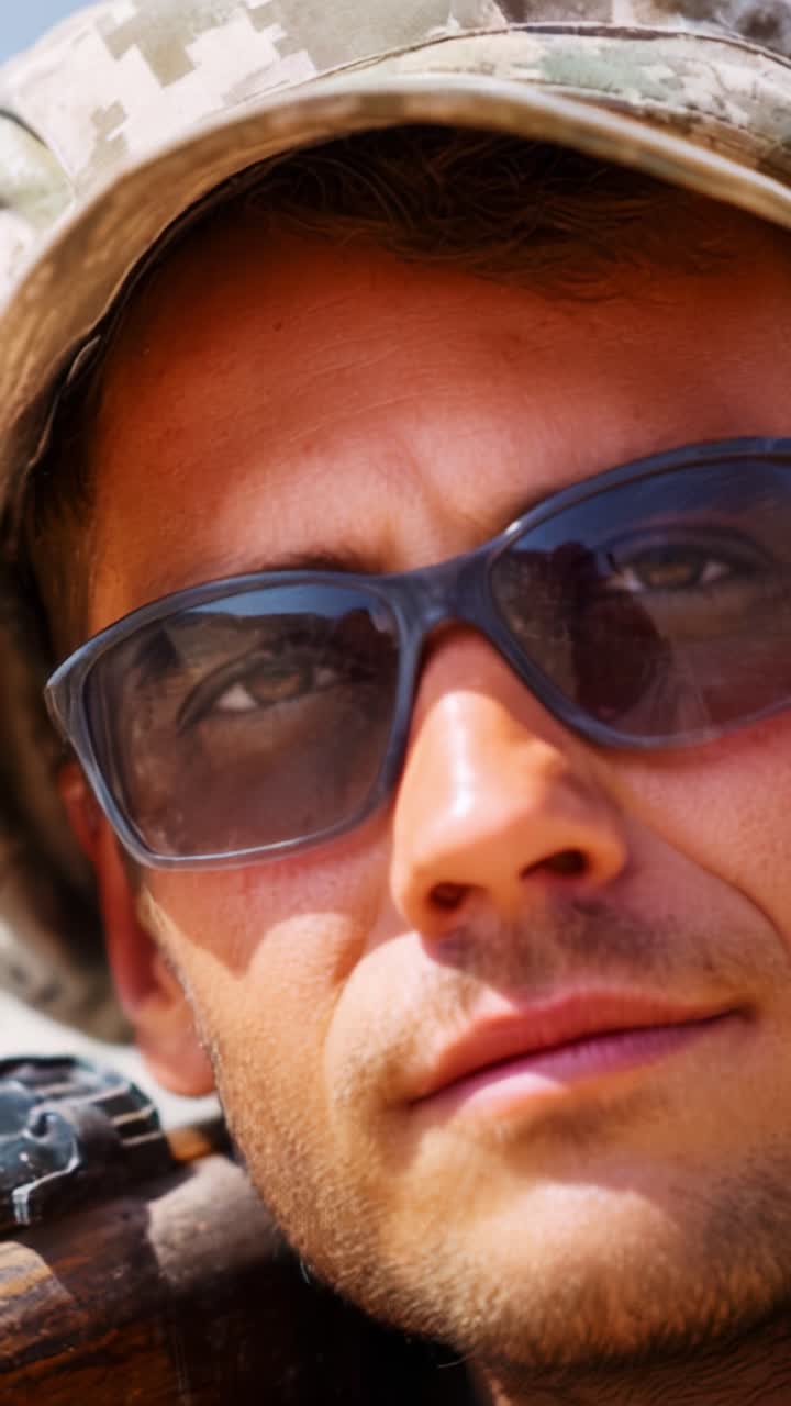 A soldier in protective sunglasses wearing a military cap, showcasing a serious expression while taking a moment of focus in a rugged outdoor environment