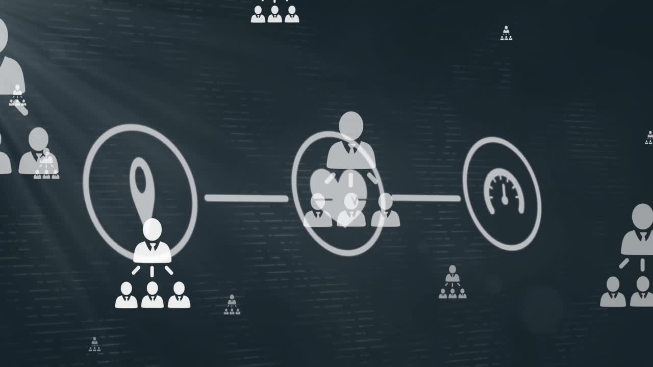 어두운 배경 위에 아이콘으로 연결 네트워크의 애니메이션