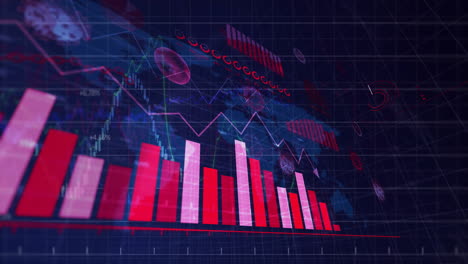 red and white bar graphs with data processing animation over digital grid background