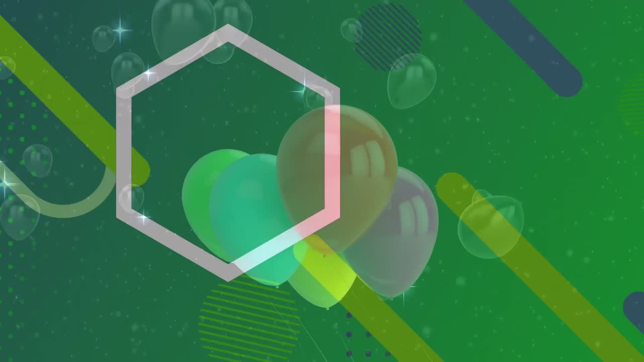 육각형 모양, 풍선  ⁇ 어리 및 추상적인 모양이 녹색 배경에 대해 움직입니다.