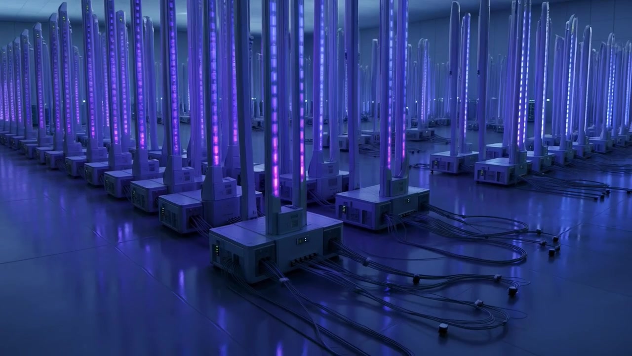 Rows of Light Columns Activating in a Futuristic Server Room