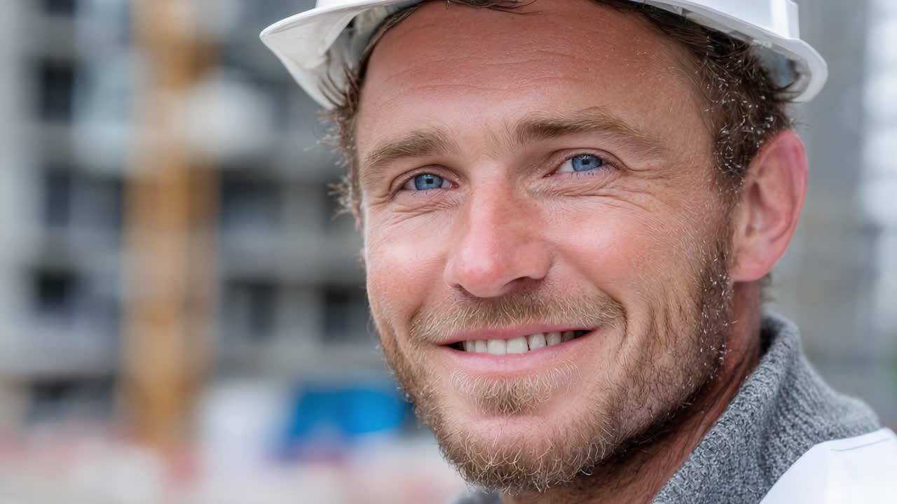 A Confident Construction Worker Smiling at the Camera, Showcasing Pride in His Craft and the Transformative Work Happening on the Job Site Around Him