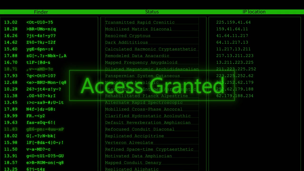 Green hacker terminal data table background with finder columns status list ip style addresses and