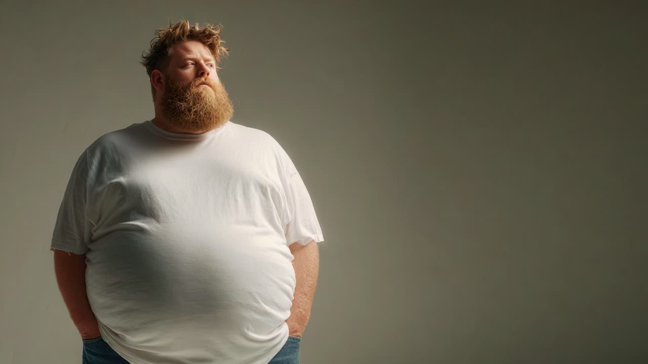 A Thoughtful Reflection: Capturing a Moment of Contemplation from a Mid-Shot of a Man with a Full Beard in a Casual Outfit, Emphasizing an Atmosphere of Self-Acceptance and Poise