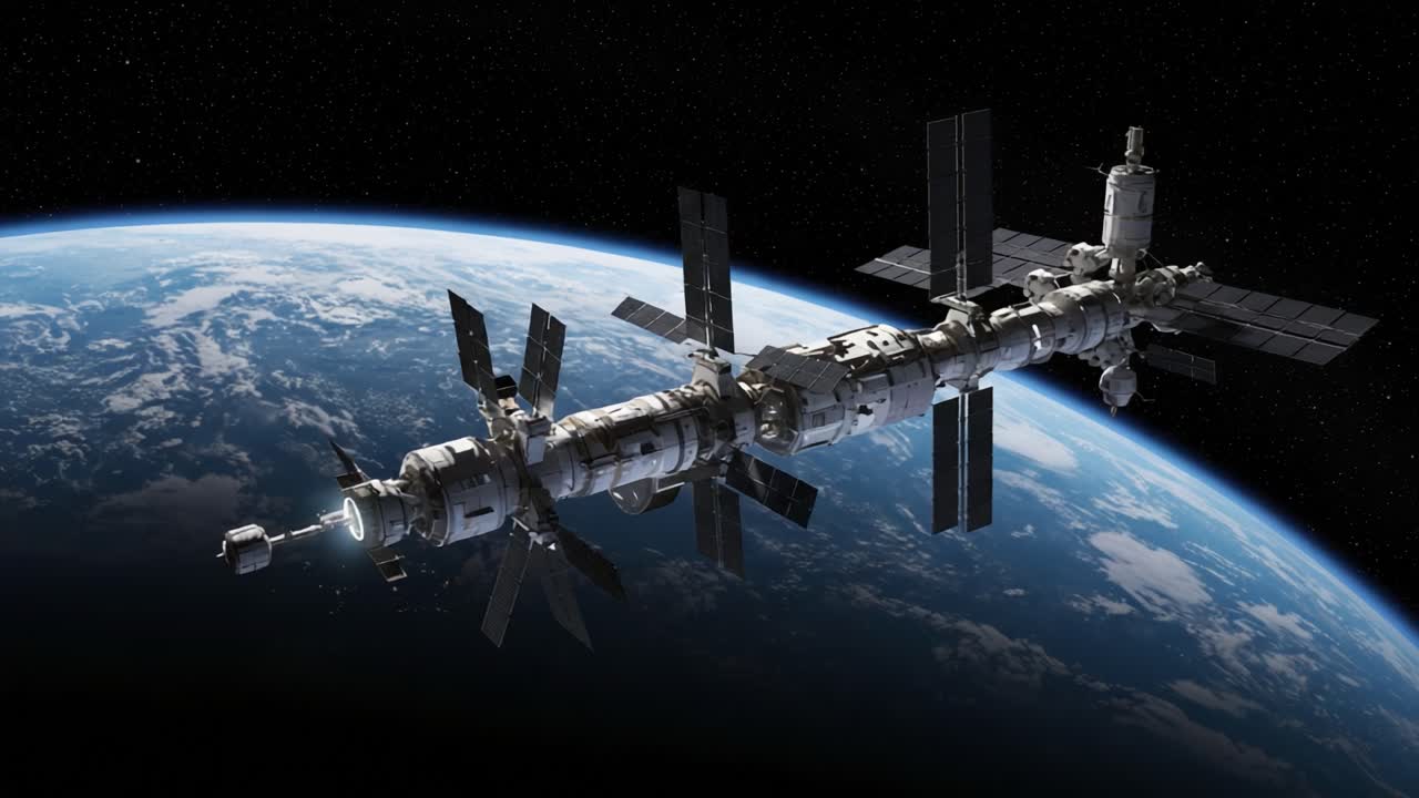 A Stunning View of a Futuristic Space Station Orbiting Earth, Showcasing Advanced Technology and Engineering Marvels Above a Vast Planetary Landscape