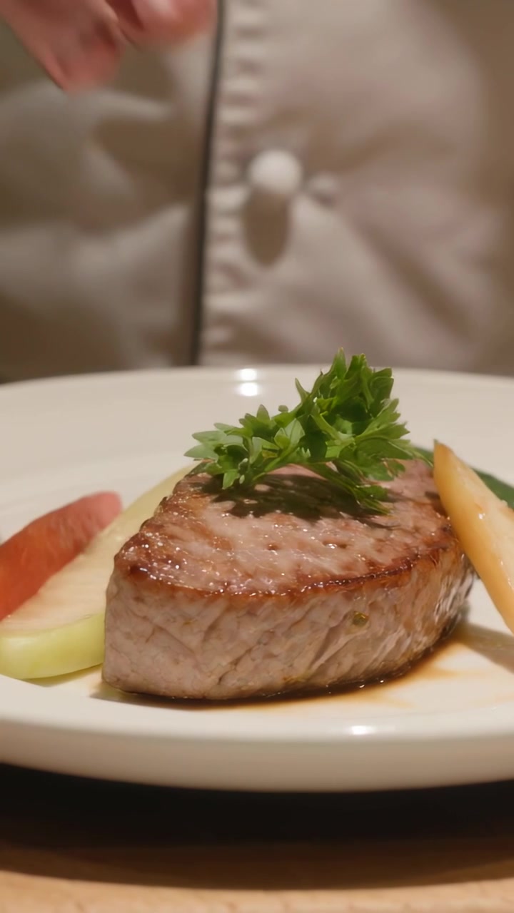 Video verticale: Mano che si allunga, chef in giacca che posiziona e centra un'erba aromatica su un filetto scottato con verdure