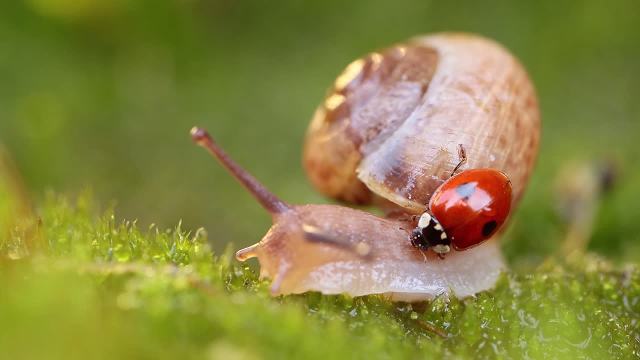 un primer plano de la vida silvestre de un caracol y una mariquita en la luz del atardecer.